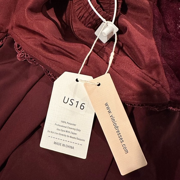 Floor length burgundy formal dress with lace bodice and slit on left leg - Picture 4 of 5